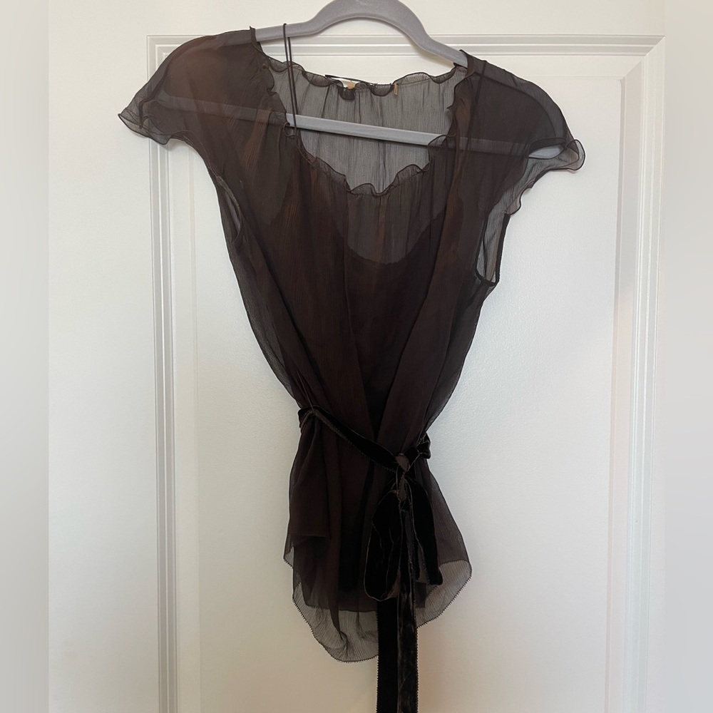 Elie Tahari Sheer Brown Top with Camisole and Velvet Belt